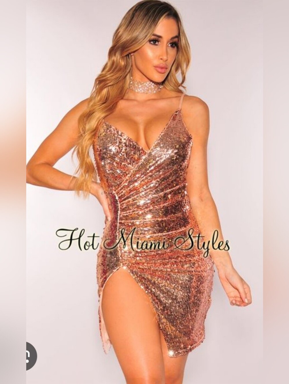 NWT Hot Miami Styles Rose Gold Sequins Ruched Slit Dress Size SP